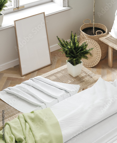 Frame mockup in elegant natural home bedroom interior, 3d render