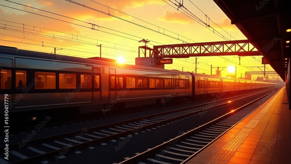 Naklejka premium Train station platform at sunset with warm golden light illuminating the tracks and train