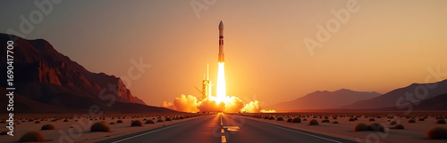 massive rocket rises sandy desert runway dusk fiery plume illuminated golden glow setting sun reflected