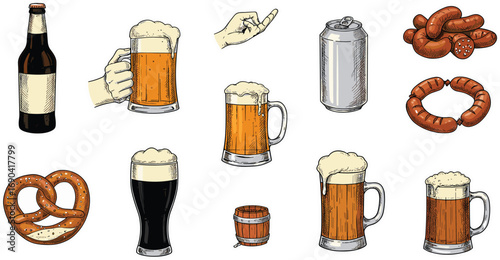 Beer bottle, beer glass, beer mug, canned beer, pretzel, sausage, Oktoberfest food, German beer, hand holding beer, celebration