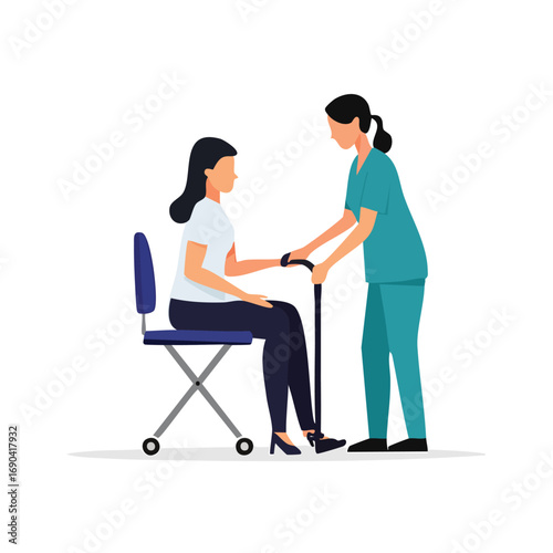 Nurse assisting patient with walker