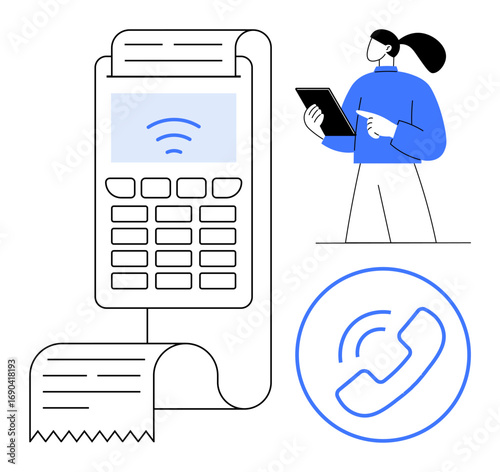 Card reader with receipt, contactless payment icon, and woman holding tablet. Ideal for payment, transaction, business, finance, e-commerce, technology communication simple landing page