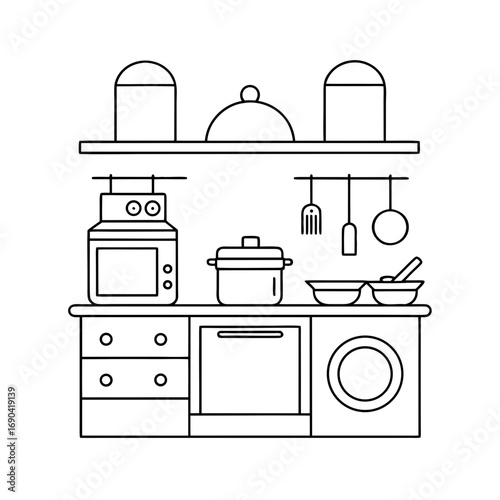 kitchen interior with stove pans pots