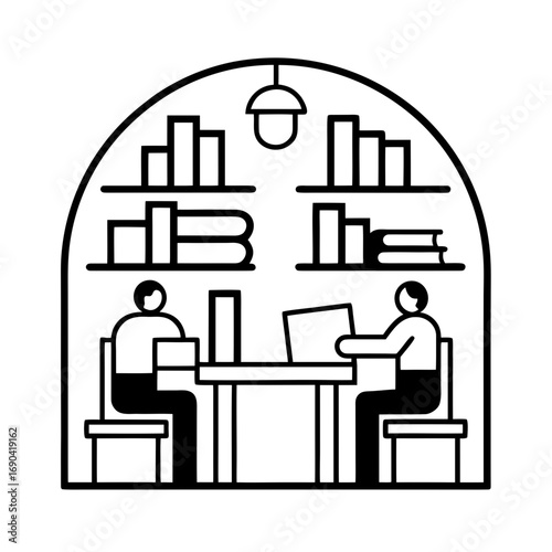 library scene with bookshelves tables and reader