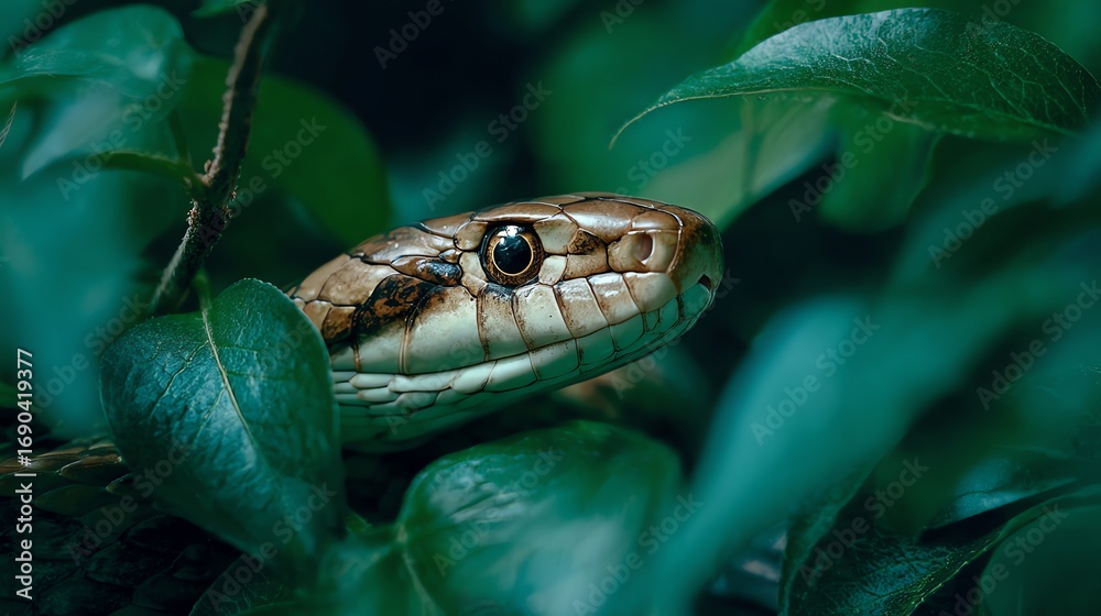 Obraz premium A brown snake with intricate scale patterns rests amongst lush green foliage, its focused gaze creating a sense of quiet intensity and natural beauty, captured in a detailed close-up.