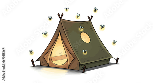 Cozy canvas tent illuminated by fireflies on a clear night.