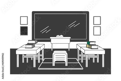 school classroom with desks chalkboard and books.