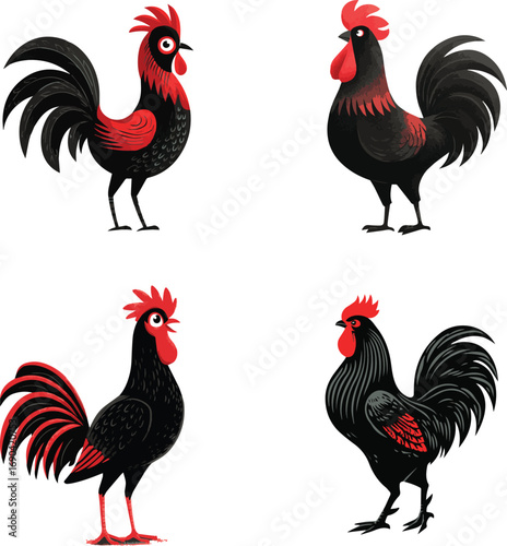 Cartoon red rooster flat black vector silhouette isolated on white background silhouette