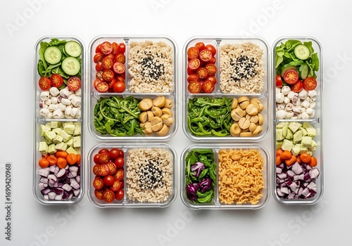 Overhead view of diverse healthy meal prep containers filled with fresh ingredients and prepared foods