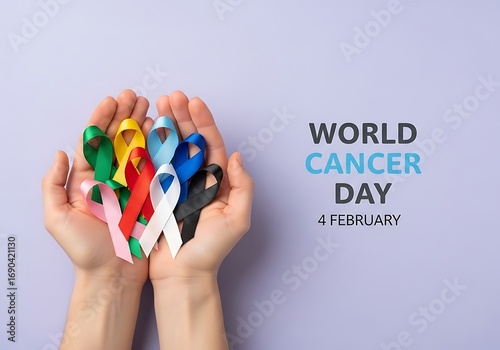 Hands holding colorful cancer awareness ribbons for world cancer day support and hope