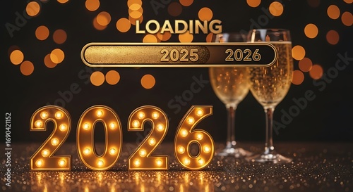 Golden new year 2026 loading bar with champagne glasses and bokeh lights celebration