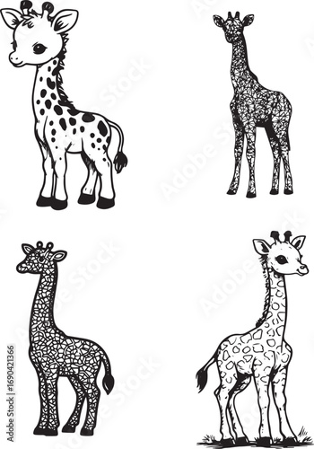 Cute baby giraffe coloring page for kids silhouette