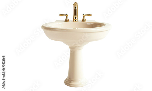 Cream-colored pedestal sink with a round basin and gold-tone dual-handle faucet.