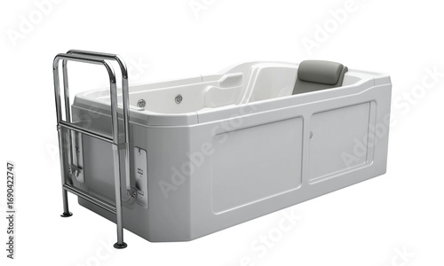 White walk-in whirlpool bathtub with built-in seat, headrest and external handrail for accessible hydrotherapy and comfortable bathing.