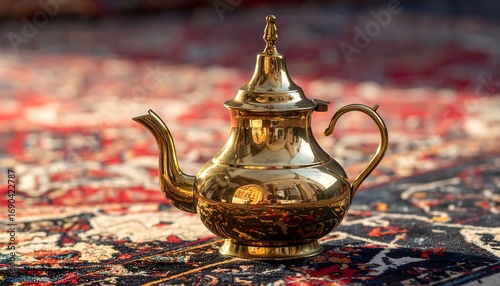 Ornate Golden Teapot on Traditional Oriental Rug