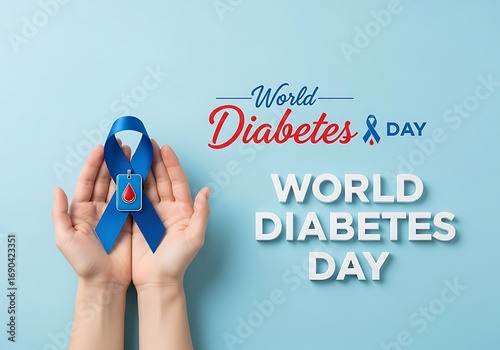 Hands hold blue ribbon for world diabetes day awareness and support