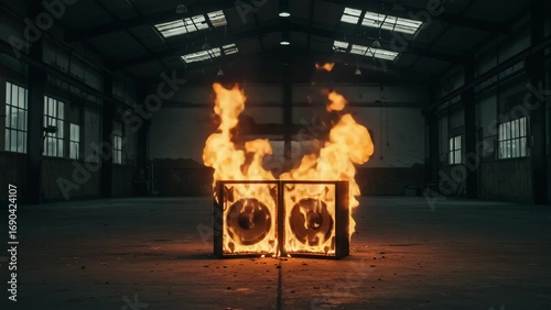 burning vintage speakers in an empty warehouse