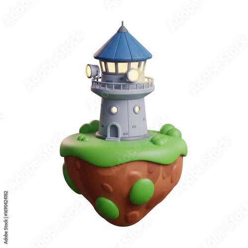 Cartoon Lighthouse On A Floating Island With A Transparent Background Concept