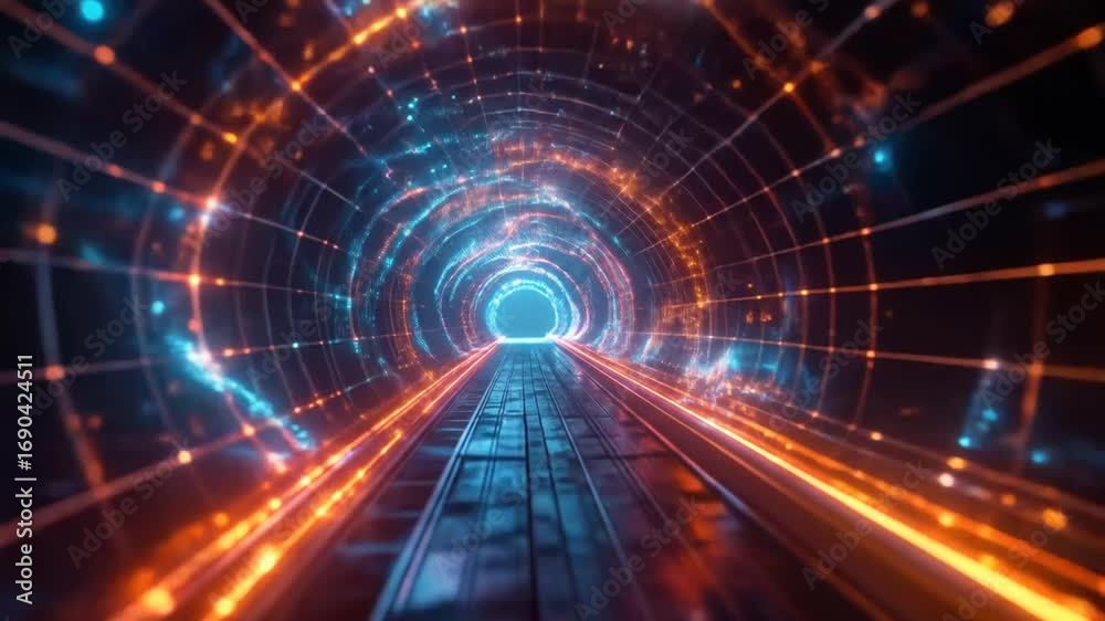 Digital journey through a glowing tunnel, futuristic path, technological tunnel vision