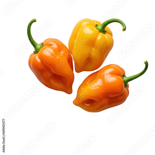 Three vibrant orange and yellow habanero chili peppers clustered with green stems, next to bright orange chili powder on a transparent background, 45-degree overhead view, commercial product