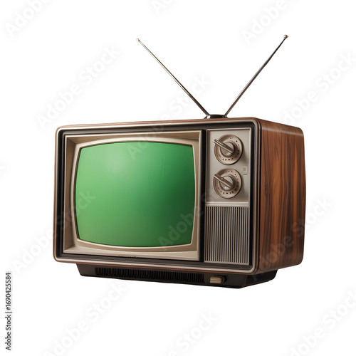 Vintage Television Set with Green Screen Isolated on Transparent Background