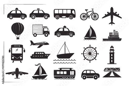 Various transportation icons including cars, boats, and planes  