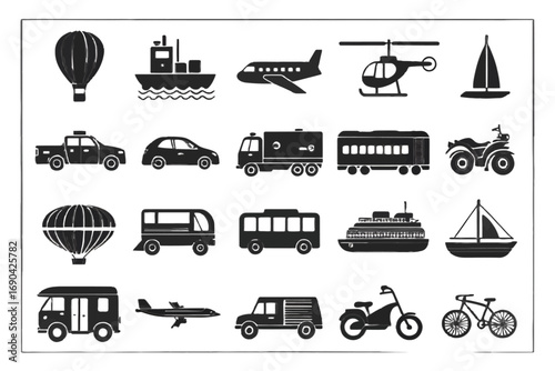 Various transportation icons including cars, boats, and planes  