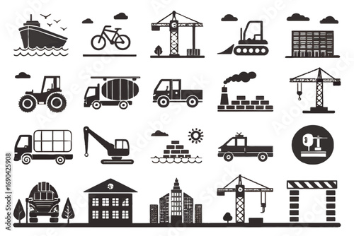 Various transportation icons including cars, boats, and planes  