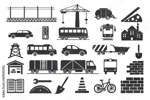 Various transportation icons including cars, boats, and planes  