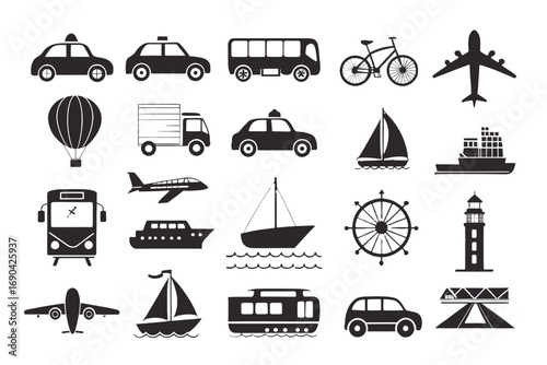 Various transportation icons including cars, boats, and planes  