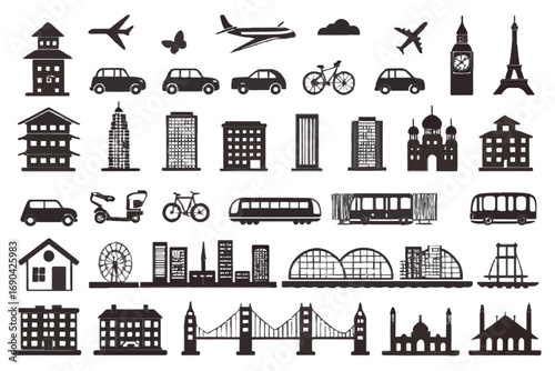 Various transportation icons including cars, boats, and planes  