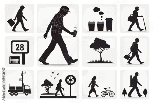 Various transportation icons including cars, boats, and planes  