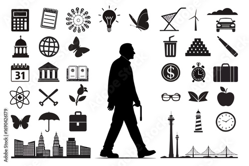 Various transportation icons including cars, boats, and planes  
