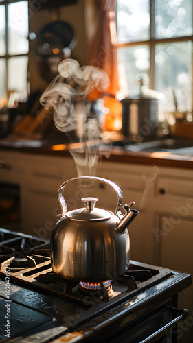 Steaming kettle on a stove in a bright, cozy kitchen with natural window light