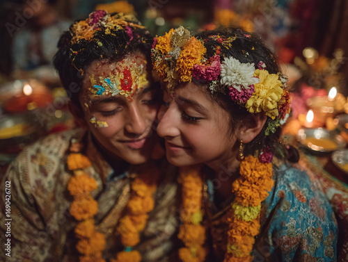 Bhai Tika ritual on the final day of Tihar, sister placing a colorful tika on her brother’s forehead, both smiling with affection, surrounded by marigold garlands, oil lamps, and traditional offerings