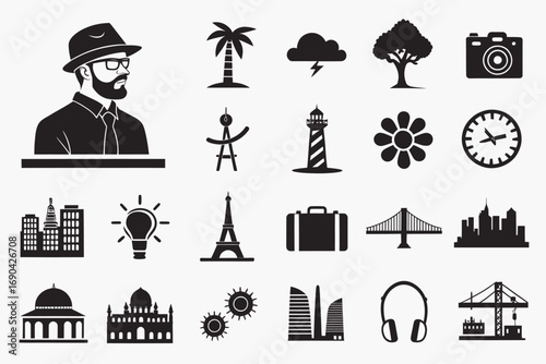 Various transportation icons including cars, boats, and planes  