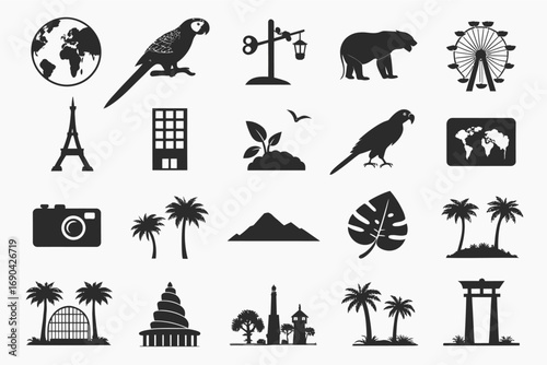 Various transportation icons including cars, boats, and planes  