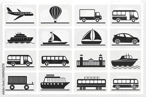 Various transportation icons including cars, boats, and planes  