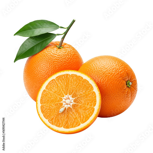 Fresh Ripe Oranges with Green Leaves and a Juicy Sliced Half on a Transparent Background, Studio Shot