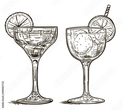 Сocktail or mocktail, hand drawn retro illustration. A drink in a glass with a high stem. Alcoholic or non-alcoholic cocktail. For bar menu design, vintage sketch on white background
