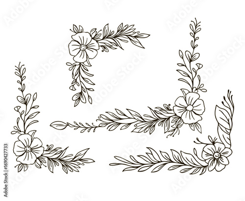 Floral corners set. Hand drawn botanical decoration with flowers, branch and herbs. Vintage corner frame design element