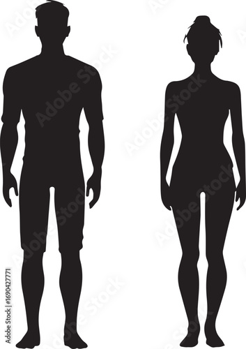 Male and female full body human figures silhouette on white background