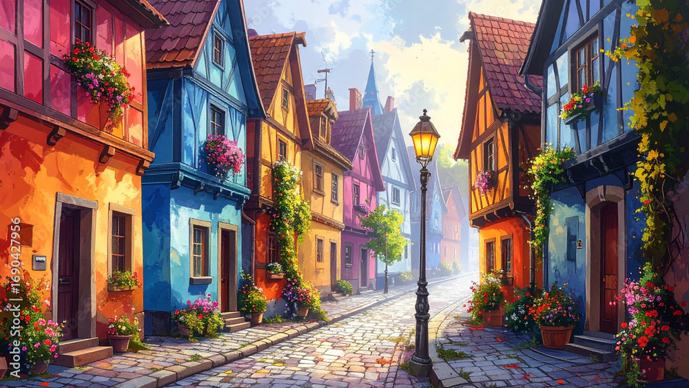 Fototapeta premium Whimsical Digital Painting of a Crooked Cobblestone Street with Colorful Half-Timbered Houses and Lantern Glow, Storybook Illustration Style