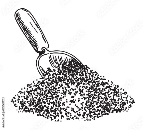 Cereals in a scoop. Wooden scoop. Wooden scoop with grains. Scoop designed for grain farming industry hand drawn