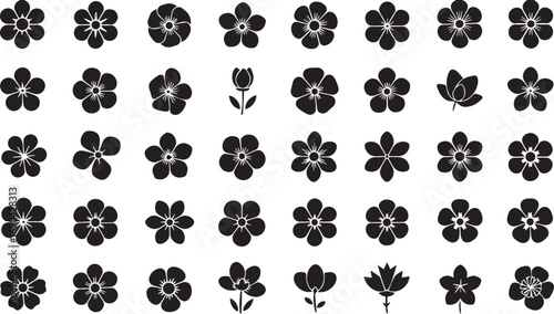 Collection of Black Silhouette Flower Icons with Five Petals and Buds on White Background vector illustration
