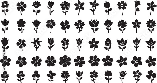 Comprehensive Collection of Black Silhouette Flower and Tulip Icons on White Background vector illustration