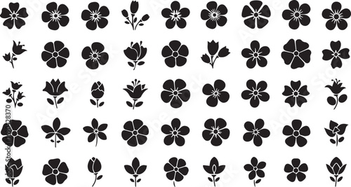 Diverse Black Silhouette Flower Icons with Petals and Buds on White Background vector illustration
