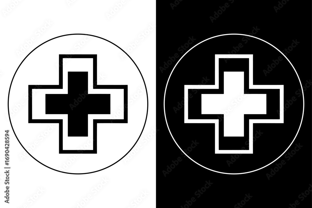 Fototapeta premium Medical Cross Healthcare Icon Black and White Background.