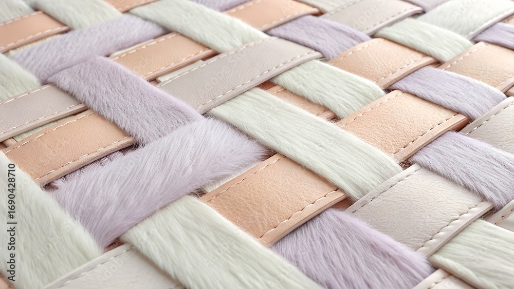 Fototapeta premium Tactile Harmony – Pastel Weave of Leather and Faux Fur, Texture, Fashion, Craft, Material, Close-up
