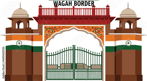 Wagah Border Gate with Indian Flags on Pillars and Decorative Archway India Pakistan border crossing